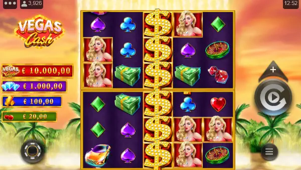 Vegas Cash base game screenshot showing reels and features