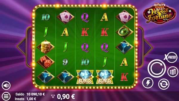 Vegas Fortune base game screenshot showing reels and features