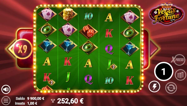 Screenshot of Vegas Fortune slot demo showing reels and bonus game features