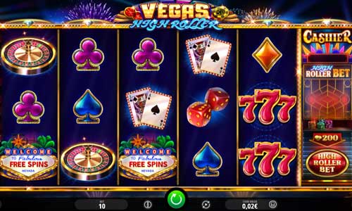 Vegas High Roller base game screenshot showing reels and features