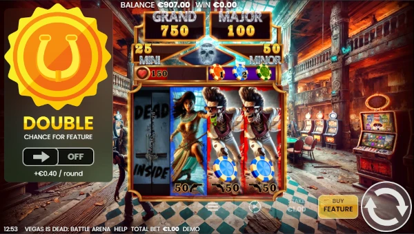 Screenshot of Vegas is Dead Battle Arena slot demo showing reels and bonus game features
