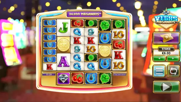 Vegas Megaways base game screenshot showing reels and features