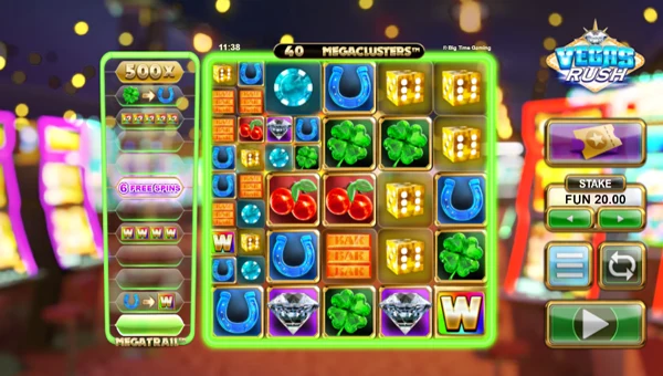 Vegas Rush base game screenshot showing reels and features