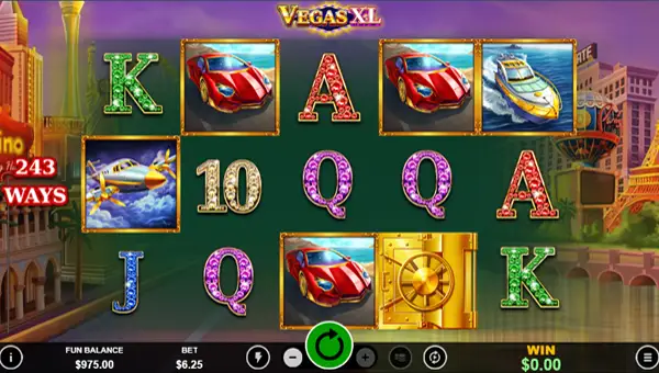 Vegas XL base game screenshot showing reels and features
