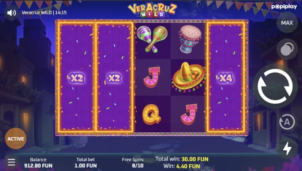 Screenshot of Veracruz Wild slot demo showing reels and bonus game features