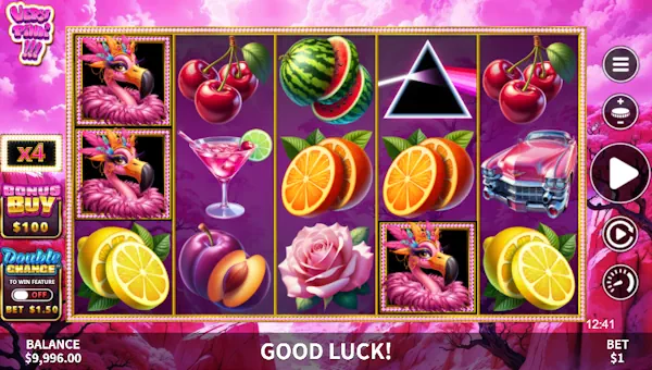 Very Pink base game screenshot showing reels and features