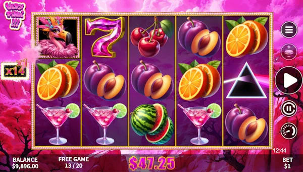 Screenshot of Very Pink slot demo showing reels and bonus game features