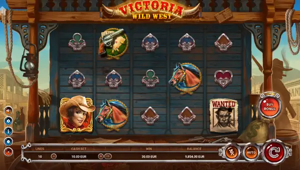 Victoria Wild West base game screenshot showing reels and features