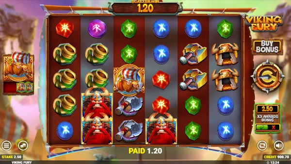 Viking Fury Spinfinity base game screenshot showing reels and features