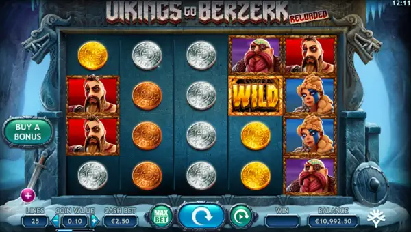 Vikings Go Berzerk Reloaded base game screenshot showing reels and features