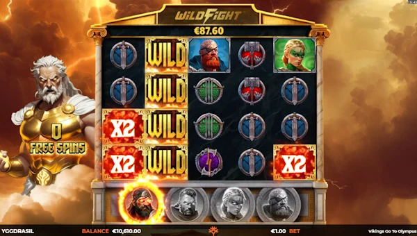 Screenshot of Vikings go to Olympus slot demo showing reels and bonus game features