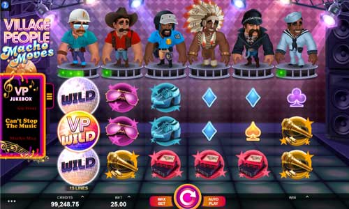 Village People Macho Moves base game screenshot showing reels and features