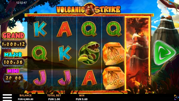 Volcanic Strike base game screenshot showing reels and features