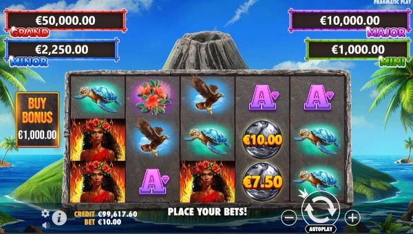 Volcano Goddess base game screenshot showing reels and features