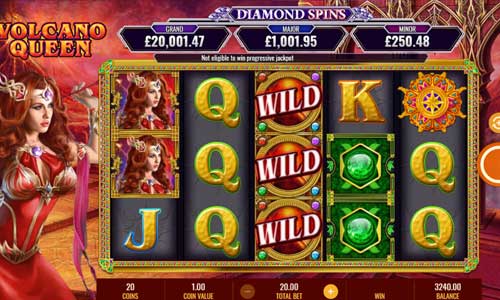 Volcano Queen Diamond Spins base game screenshot showing reels and features