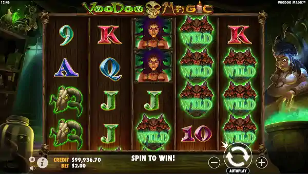 Voodoo Magic base game screenshot showing reels and features