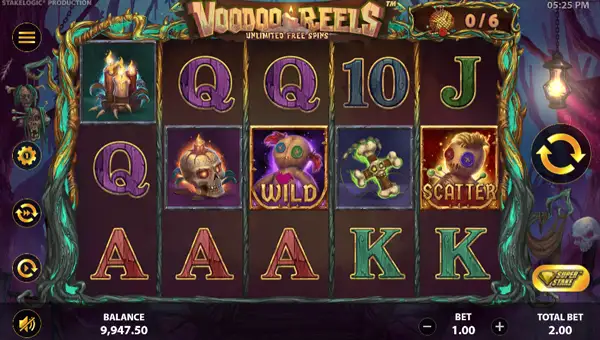 Voodoo Reels base game screenshot showing reels and features