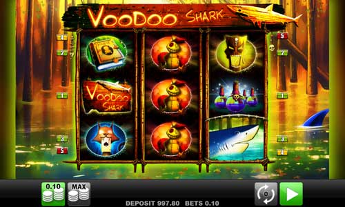Voodoo Shark base game screenshot showing reels and features