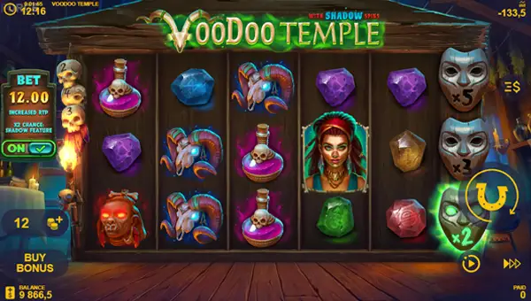 Voodoo Temple base game screenshot showing reels and features
