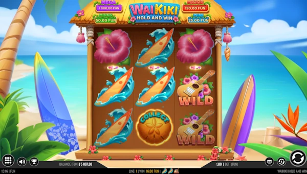 Waikiki Hold and Win base game screenshot showing reels and features
