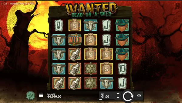 Wanted Dead or a Wild base game screenshot showing reels and features