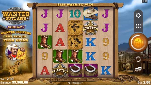 Wanted Outlaws base game screenshot showing reels and features