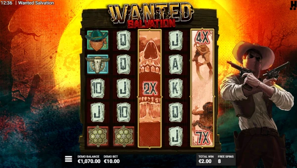 Screenshot of Wanted Salvation slot demo showing reels and bonus game features
