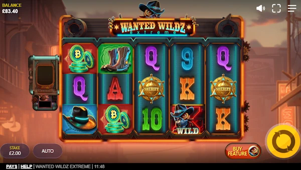 Wanted Wildz Extreme base game screenshot showing reels and features