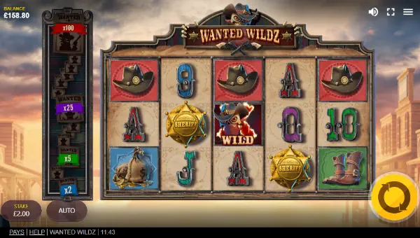 Wanted Wildz base game screenshot showing reels and features