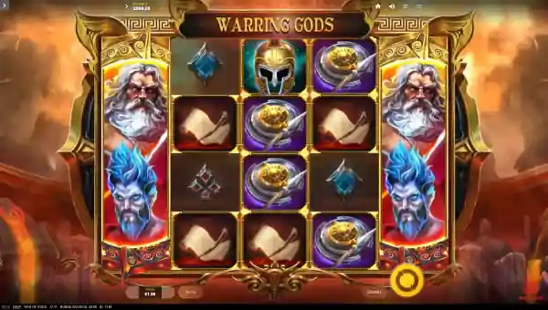 War of Gods base game screenshot showing reels and features