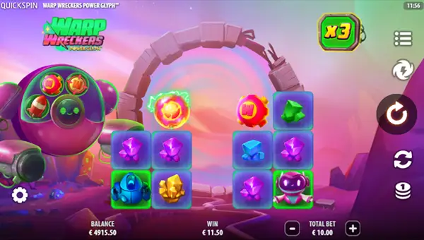 Warp Wreckers Power Glyph base game screenshot showing reels and features
