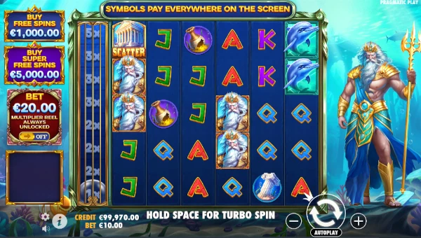 Waves of Poseidon base game screenshot showing reels and features