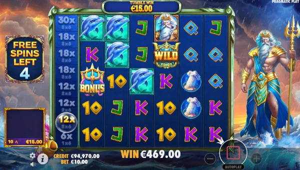 Screenshot of Waves of Poseidon slot demo showing reels and bonus game features