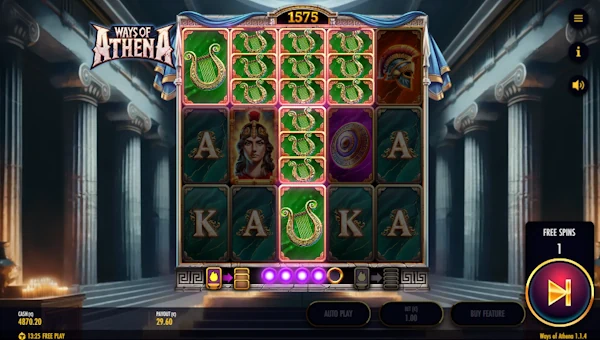 Screenshot of Ways of Athena slot demo showing reels and bonus game features