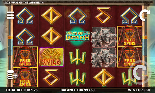 Ways of the Labyrinth base game screenshot showing reels and features
