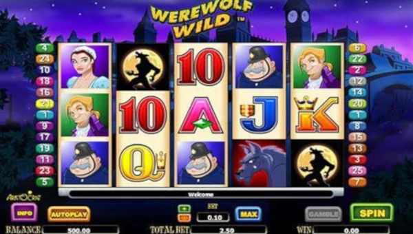 Werewolf Wild base game screenshot showing reels and features
