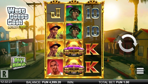 West Coast Cash Infinity Reels base game screenshot showing reels and features