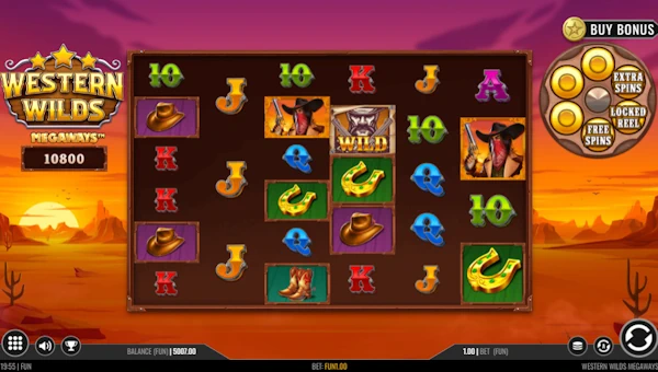 Western Wilds Megaways base game screenshot showing reels and features