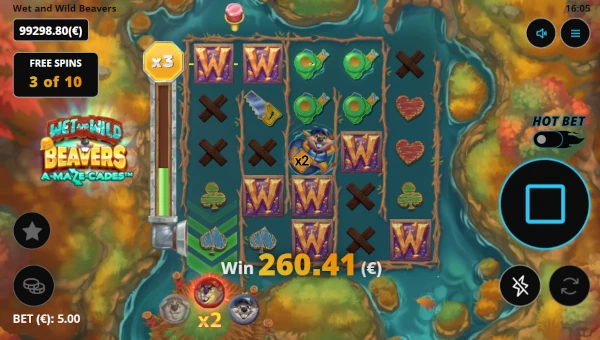 Screenshot of Wet and Wild Beavers slot demo showing reels and bonus game features