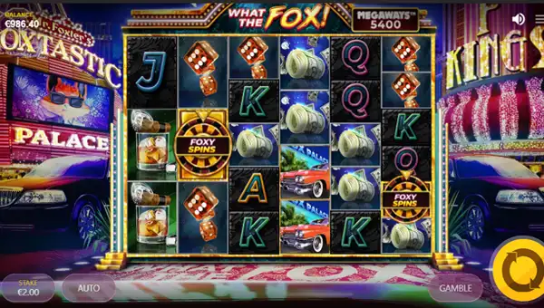 What the Fox Megaways base game screenshot showing reels and features