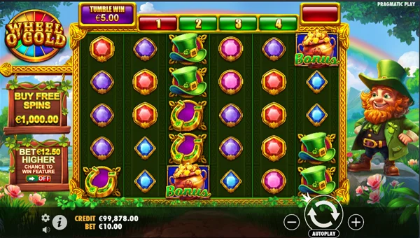 Wheel O Gold base game screenshot showing reels and features