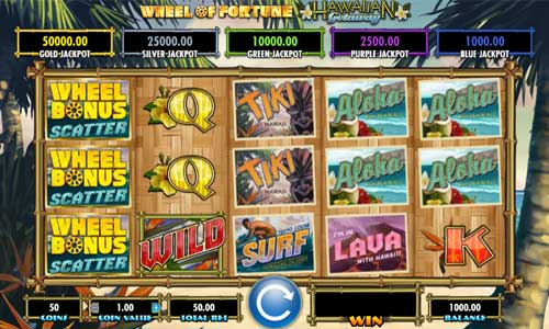 Wheel of Fortune Hawaiian Getaway base game screenshot showing reels and features