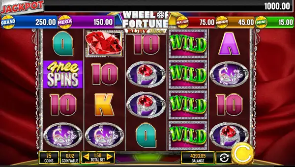 Wheel of Fortune Ruby Riches base game screenshot showing reels and features