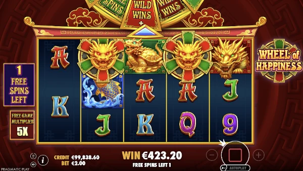 Screenshot of Wheel of Happiness slot demo showing reels and bonus game features