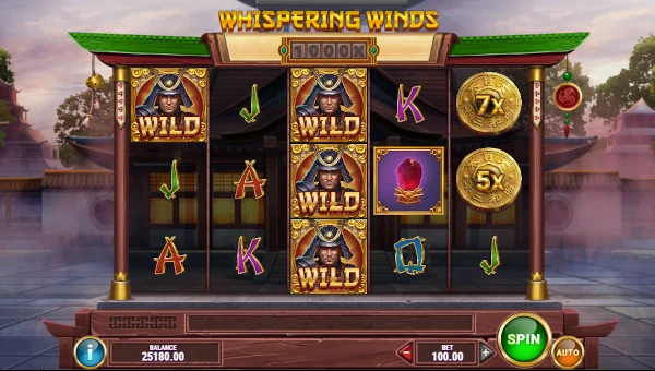 Whispering Winds base game screenshot showing reels and features