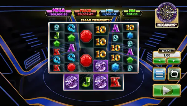 Who Wants to Be a Millionaire Megapays base game screenshot showing reels and features