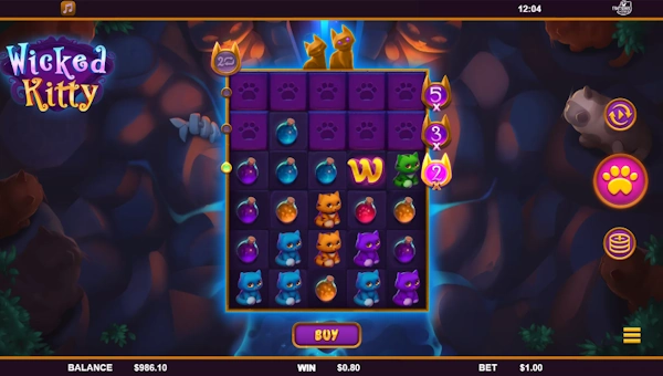 Wicked Kitty base game screenshot showing reels and features