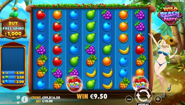 Wild Beach Party base game screenshot showing reels and features