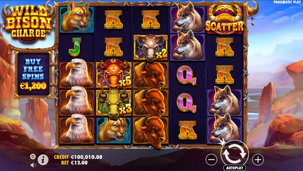 Wild Bison Charge base game screenshot showing reels and features