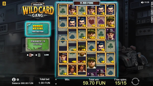 Screenshot of Wild Card Gang slot demo showing reels and bonus game features